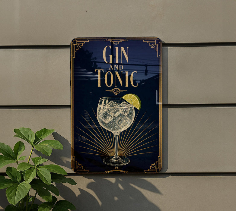 A decorative sign for a gin and tonic establishment, featuring a glass of gin and a lemon slice.