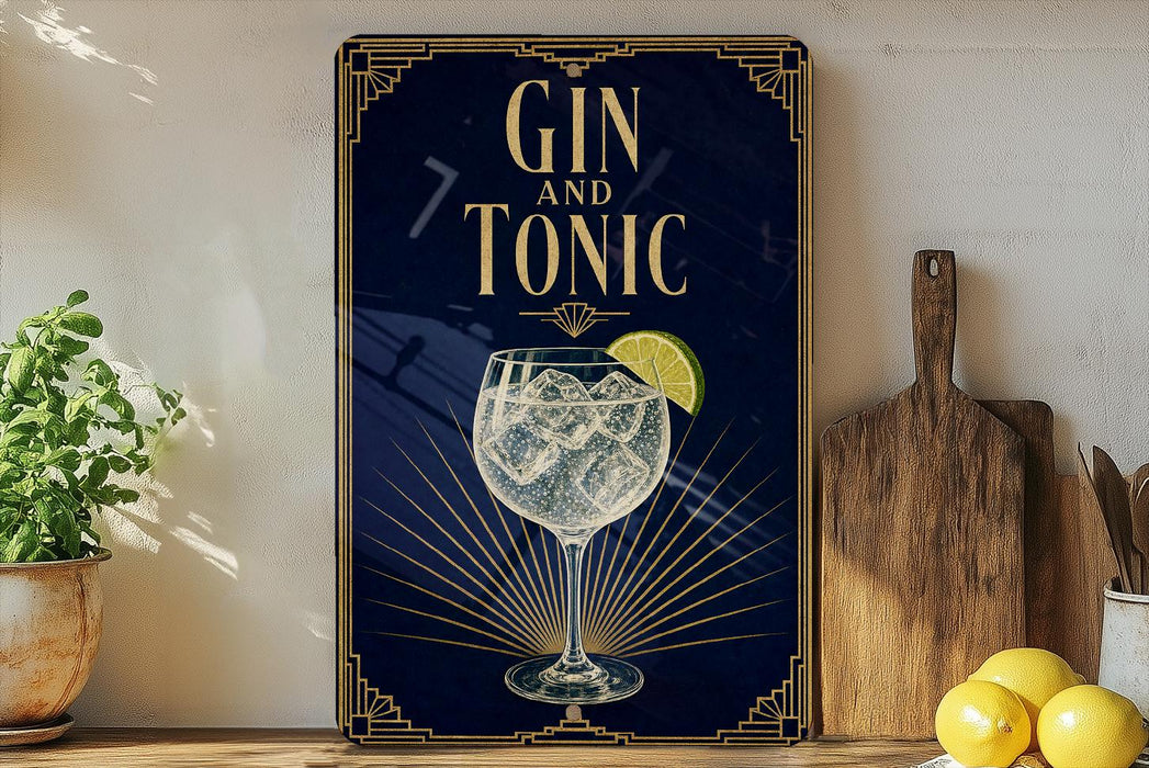 A framed poster with the text "GIN AND TONIC" and an illustration of a gin and tonic glass with a lime slice.