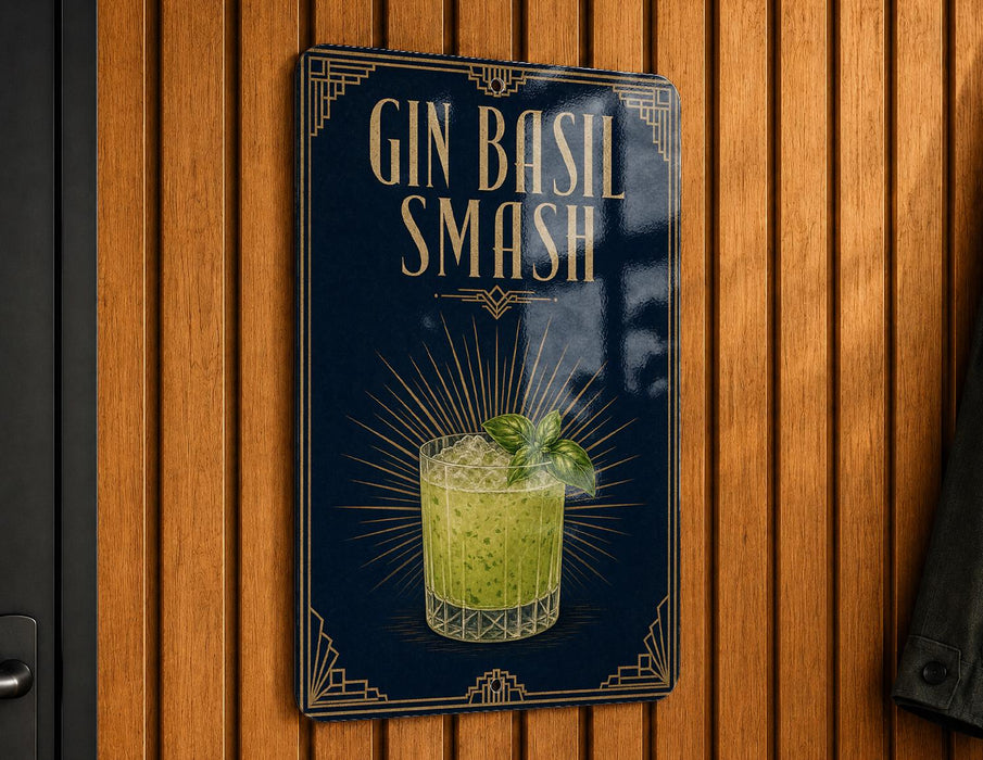 A sign for a gin basil smash cocktail, featuring an illustration of a cocktail glass with a sprig of basil.