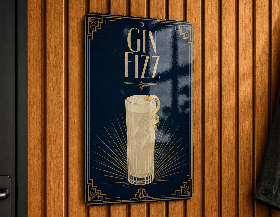 A sign for a gin fizz cocktail is displayed on a wooden wall.