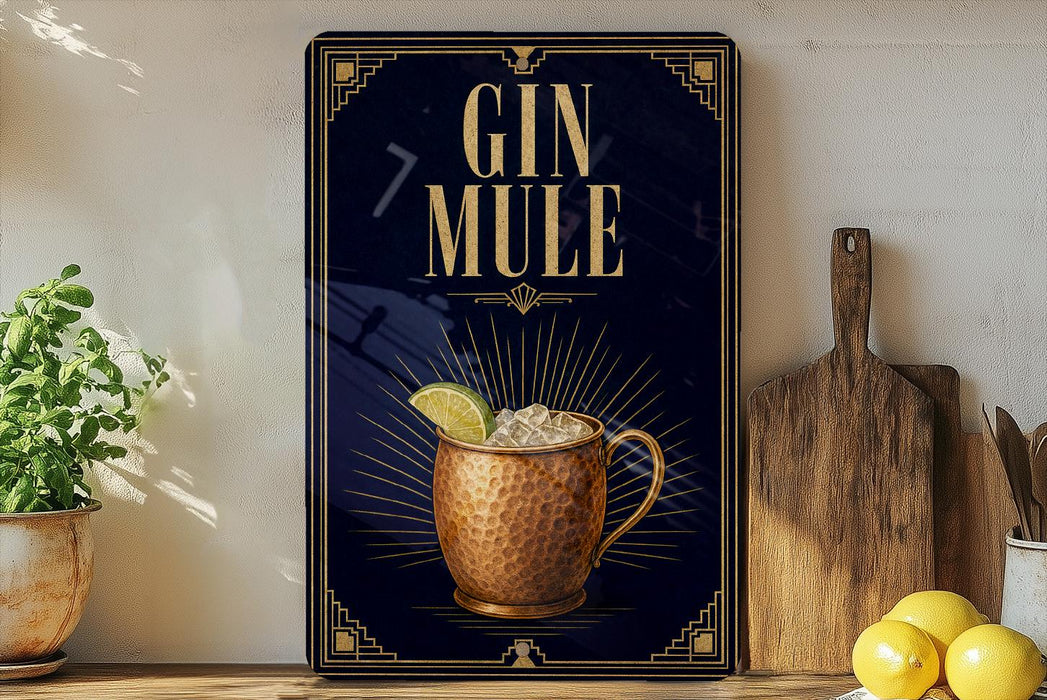 A framed poster with the text "GIN MULE" and an illustration of a copper mug with a lemon slice, placed on a wooden shelf next to a wooden cutting board and a potted plant.
