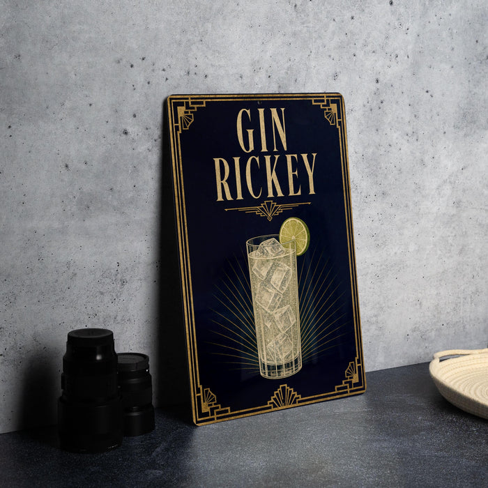 A decorative sign for a gin and tonic drink, featuring a glass of the beverage and a lemon slice.