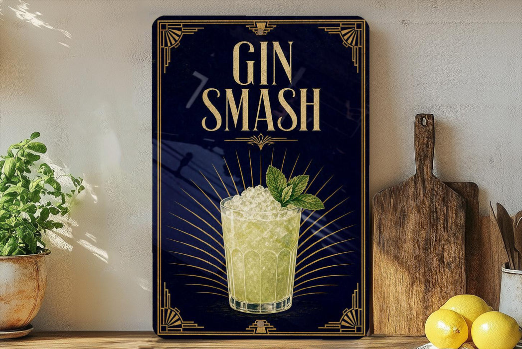 A decorative sign with the text "GIN SMASH" and an illustration of a cocktail, placed on a wooden surface next to a wooden cutting board and a potted plant.