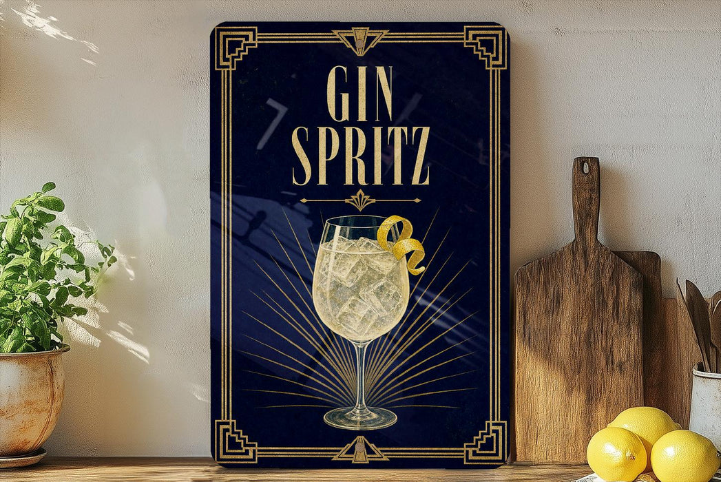 A decorative sign for a gin cocktail, featuring a glass of gin and lemon, is displayed on a wooden shelf next to a wooden cutting board and a potted plant.