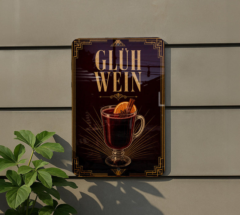 A sign with the text "GLÜH WEIN" and an illustration of a mug of hot chocolate with a slice of orange on top, mounted on a wall.