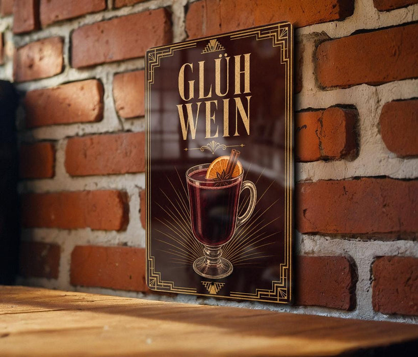 A poster with the text "GLÜH WEIN" and an illustration of a hot beverage, likely a mulled wine or spiced tea, is displayed on a brick wall.