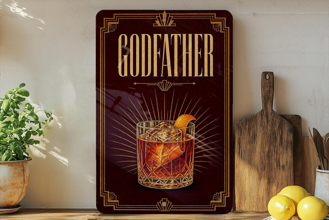A framed advertisement for a drink called "Goddess" featuring a glass of amber-colored liquid with an orange slice garnish.