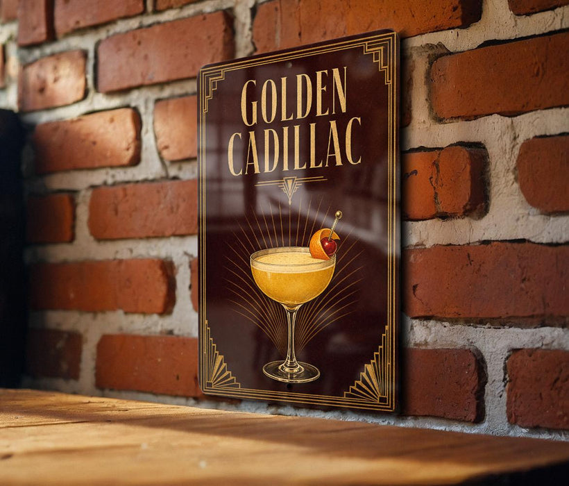 A framed poster of a golden Cadillac cocktail is displayed on a brick wall.