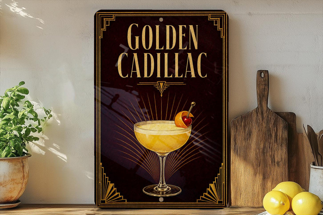 A decorative sign for a "Golden Cadillac" cocktail, featuring an illustration of a cocktail glass with a garnish and a lemon slice.