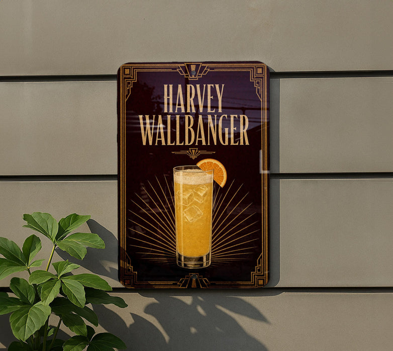 A sign for "Harvey Wallbanger" cocktail, featuring an illustration of a glass of the drink with an orange slice.