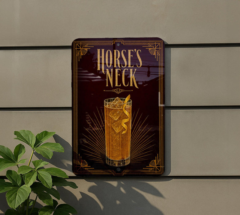 a sign for "Horse's Neck" cocktail, which is displayed on a wall.