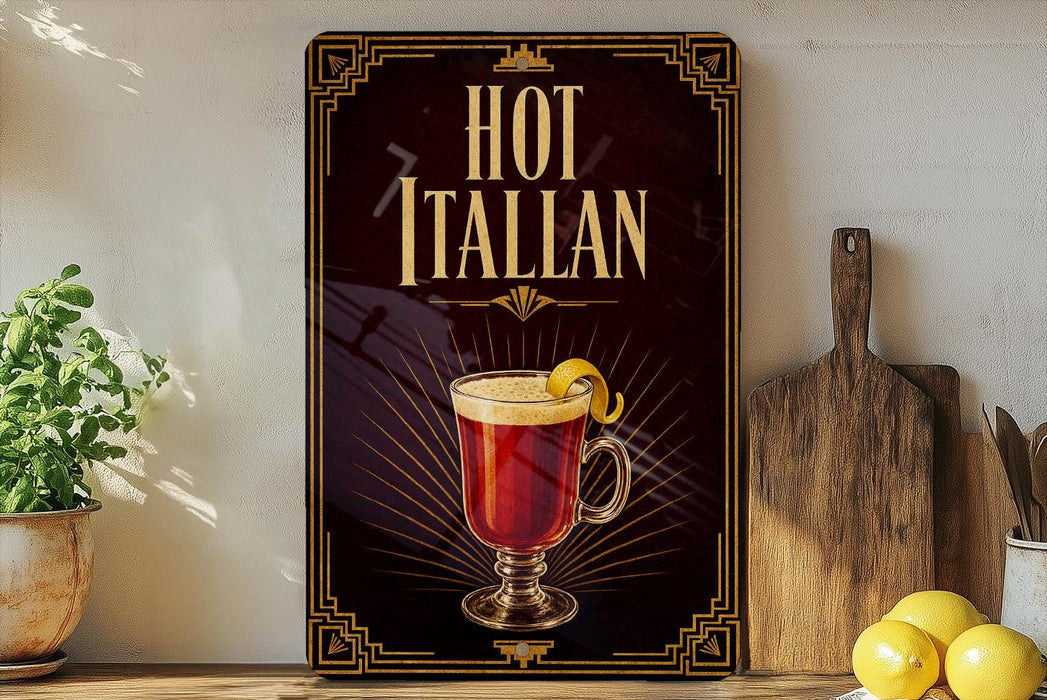 A framed poster advertising "Hot Italian" cocktail, featuring an illustration of a red cocktail with a lemon twist.