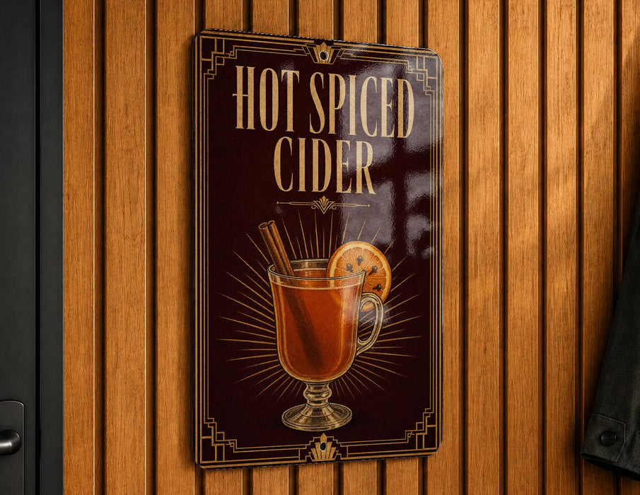 A sign advertising "Hot Spiced Cider" is displayed on a wooden wall.