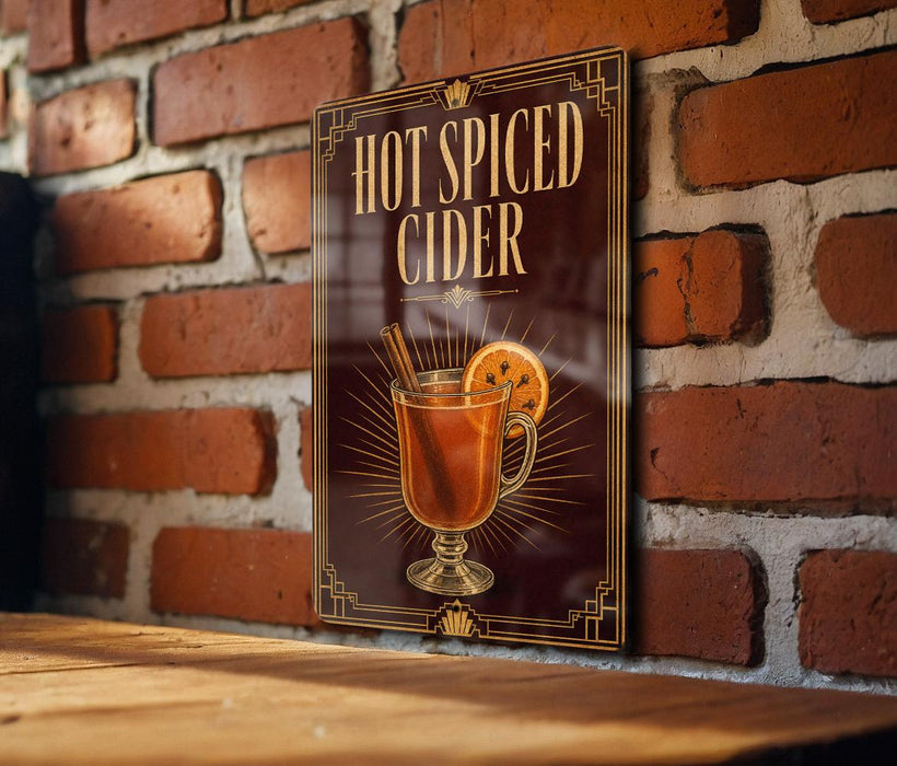A sign for "Hot Spiced Cider" is displayed on a brick wall, featuring an illustration of a glass of hot cider with a slice of orange.