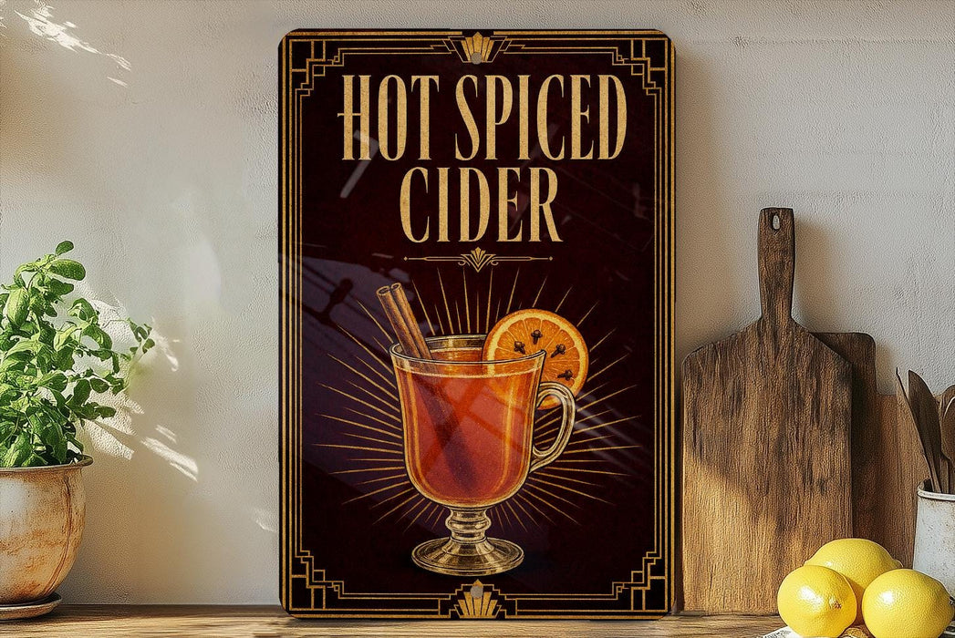 A framed advertisement for hot spiced cider is displayed on a wall, featuring an illustration of a glass of hot spiced cider with a slice of orange.