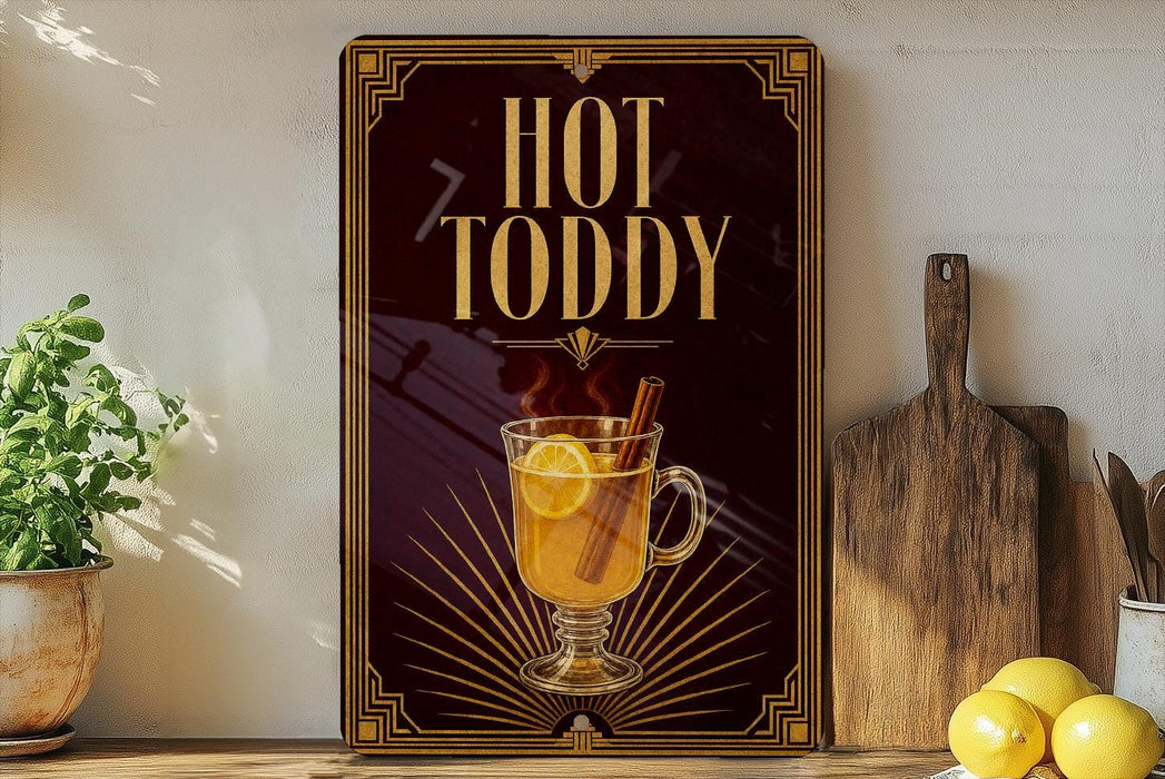 A framed advertisement for "Hot Toddy" featuring a glass of hot toddy with a lemon slice and cinnamon stick, placed on a wooden shelf next to a cutting board and a potted plant.