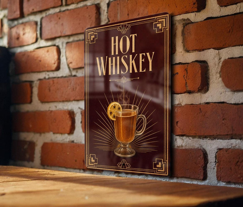 A sign with the text "HOT WHISKEY" and an illustration of a glass of whiskey with a lemon slice.