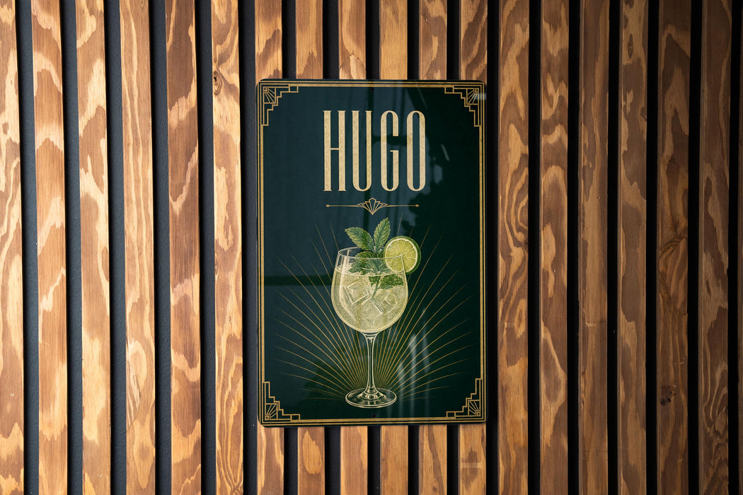 A poster for a drink called "HUGO" is displayed on a wooden wall.