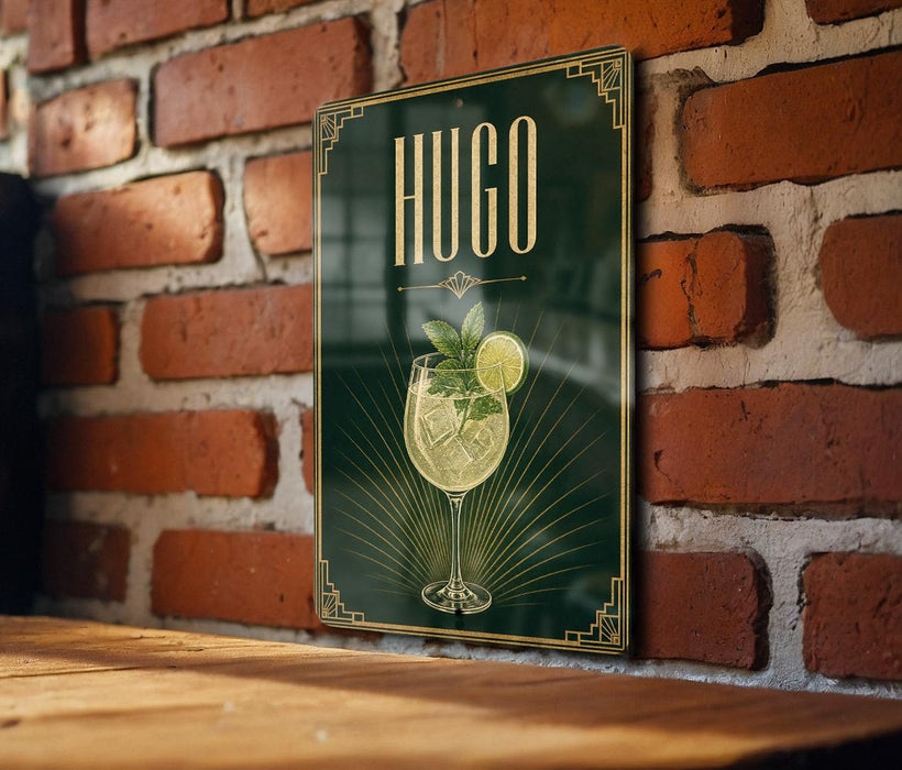 A poster with a green background and gold accents, featuring an illustration of a drink with a lime slice and a decorative border.