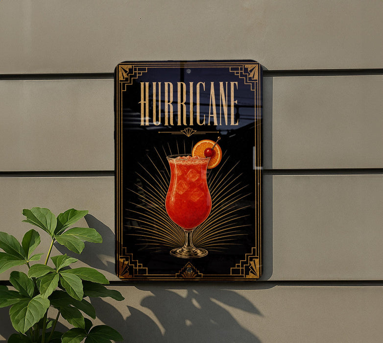 A sign for a Hurricane cocktail is displayed on a wall, featuring a vibrant red drink with a slice of orange and a decorative border.