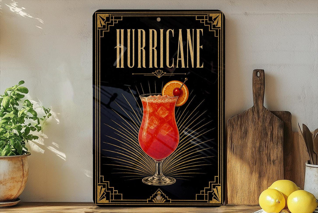 A decorative sign with the word "HURRICANE" prominently displayed, featuring an illustration of a vibrant red cocktail garnished with a slice of orange.