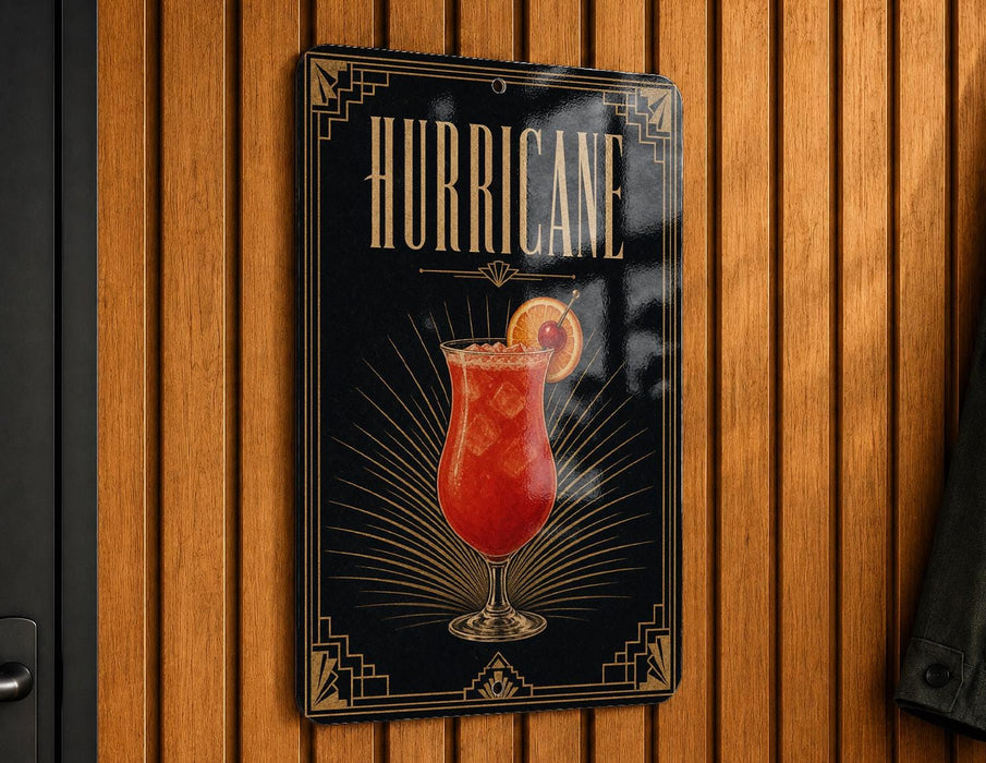 A sign with the word "HURRICANE" and an illustration of a cocktail is displayed on a wooden wall.