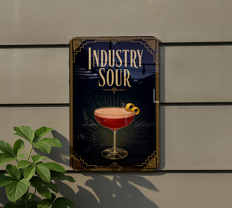 A sign for "Industry Sour" cocktail, featuring a glass illustration of the drink and garnish.