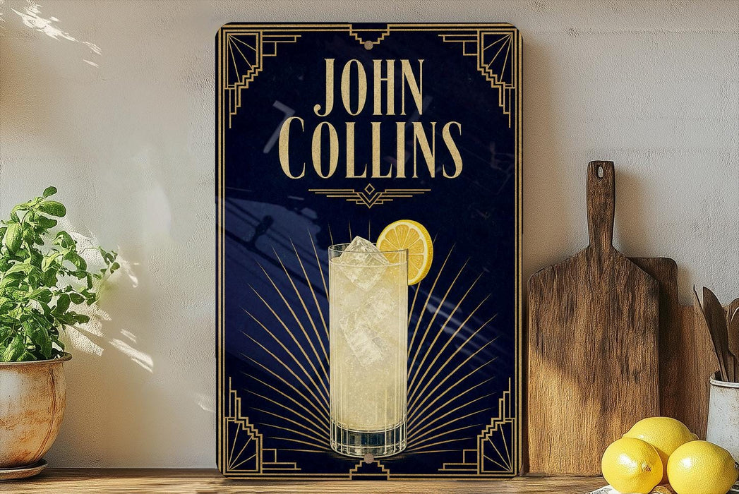 A poster advertising a drink called "John Collins" with a glass of lemonade and a lemon slice, placed on a wooden surface next to a wooden cutting board and a potted plant.