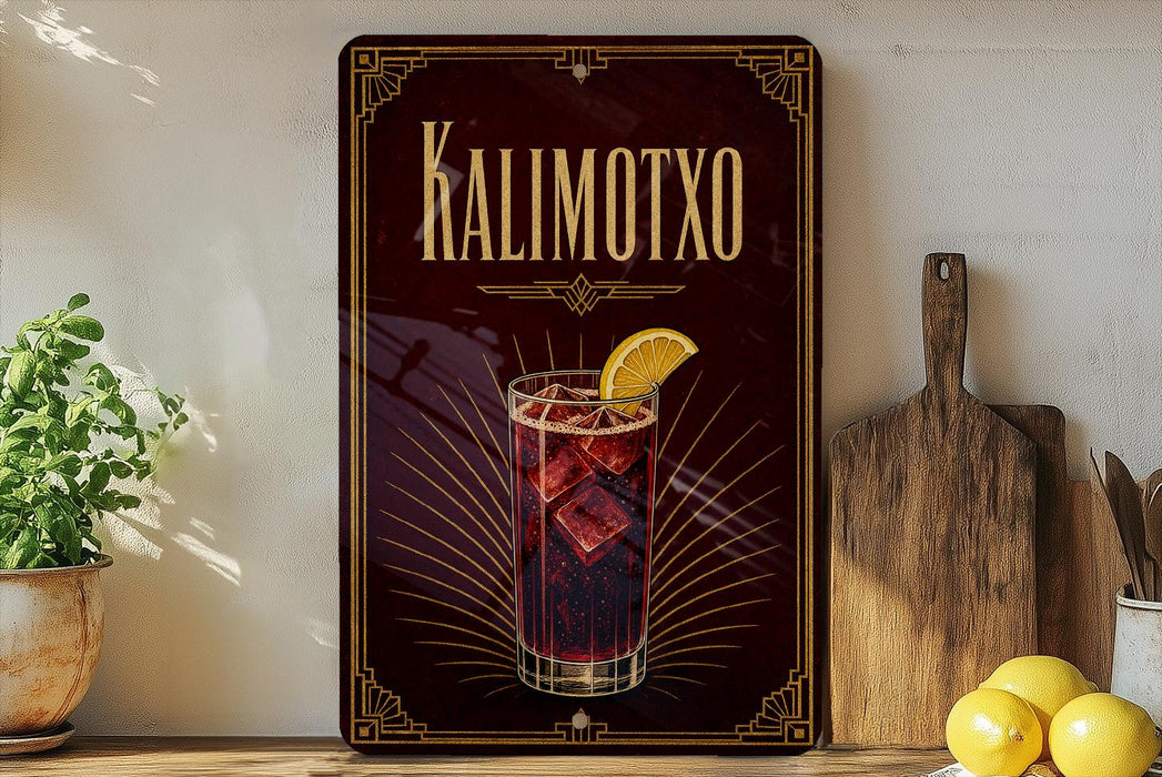 a decorative sign with the text "KALIMOTXO" and an illustration of a drink with a lemon slice.