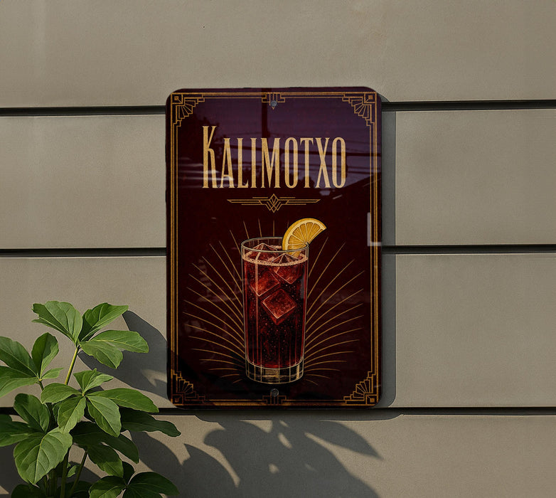 a sign for a drink called "KALIMOTXO" with a glass illustration and a lemon slice.