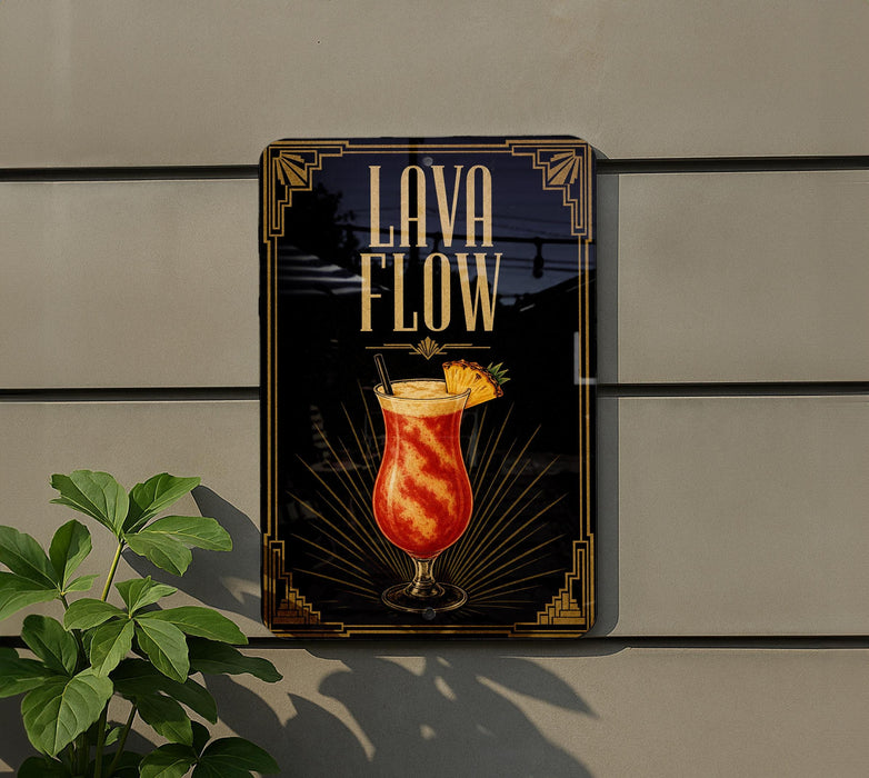 A sign for a tropical drink called "Lava Flow" is displayed on a wall, featuring an illustration of a colorful drink with a pineapple garnish.
