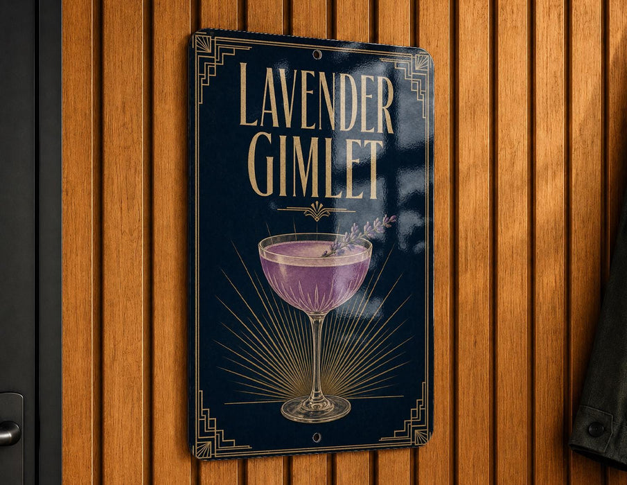 A sign for "Lavender Gimlet" is displayed on a wooden wall.