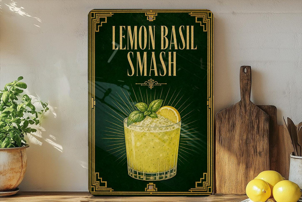 A framed poster with a picture of a lemon basil smash drink, accompanied by the text "Lemon Basil Smash" on a green background with gold trim.