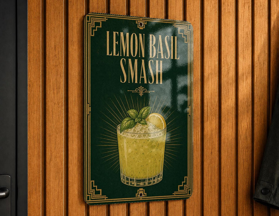 A sign for a lemon basil smash cocktail is displayed on a wooden wall.