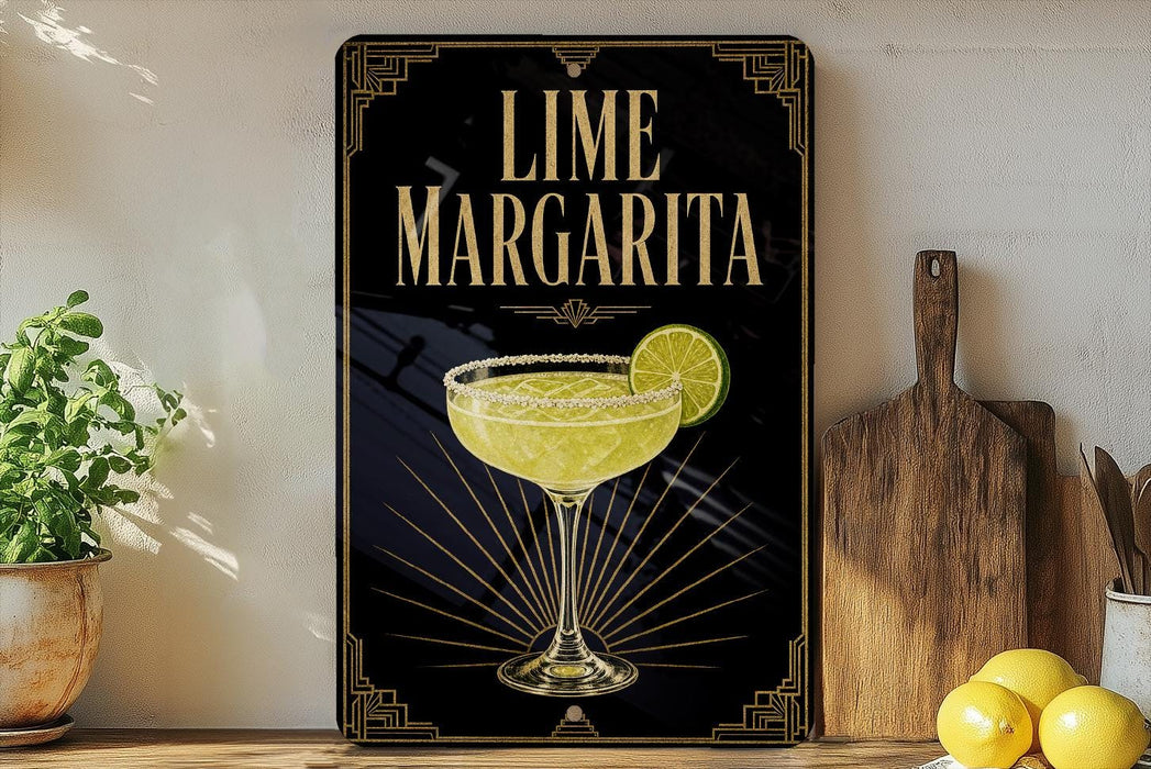 A framed advertisement for a lime margarita, featuring a glass of the cocktail with a lime wedge on the rim.