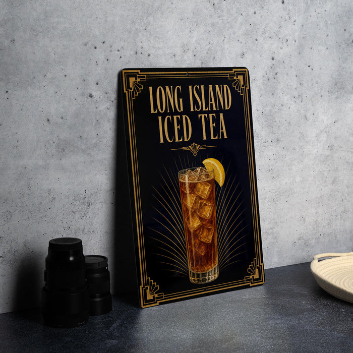 A framed advertisement for Long Island Iced Tea, featuring an illustration of a tall glass filled with iced tea and lemon slices.