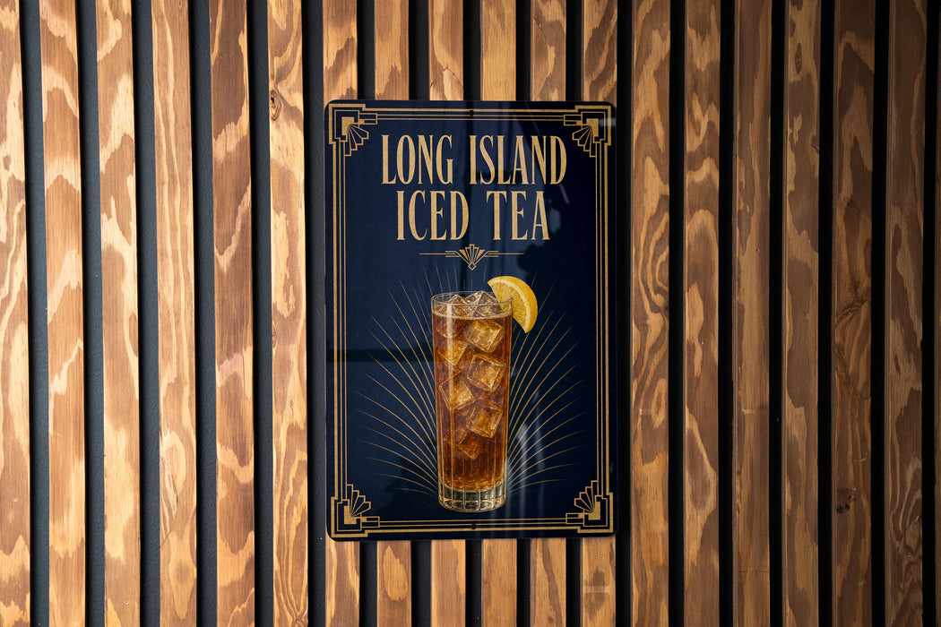 A poster advertising Long Island Iced Tea, featuring a tall glass filled with iced tea and a lemon slice.