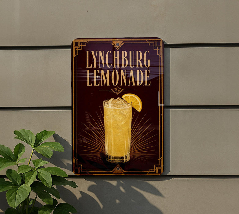 A sign for Lynchburg Lemonade is displayed on a wall, featuring an illustration of a glass of lemonade with a lemon slice.
