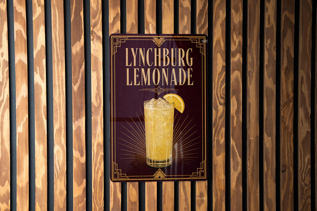 A sign for Lynchburg Lemonade is displayed on a wooden wall.