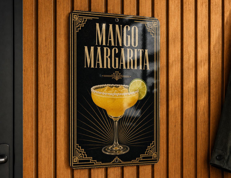 A sign for a mango margarita cocktail is displayed on a wooden wall.