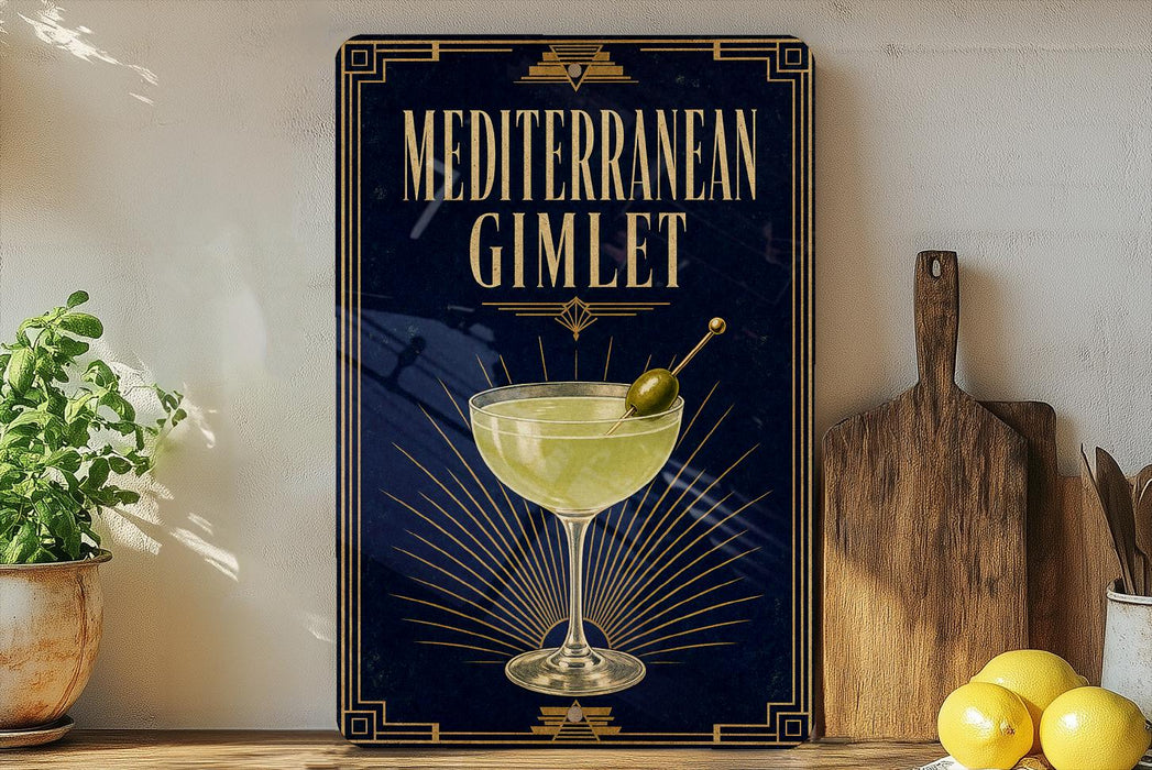 a decorative sign with a glass of Mediterranean cocktail, surrounded by various kitchen utensils and a potted plant.