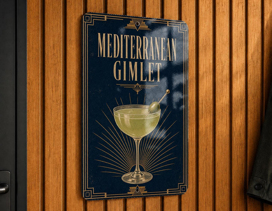 A sign for "Mediterrenean Gimlet" is displayed on a wooden wall.