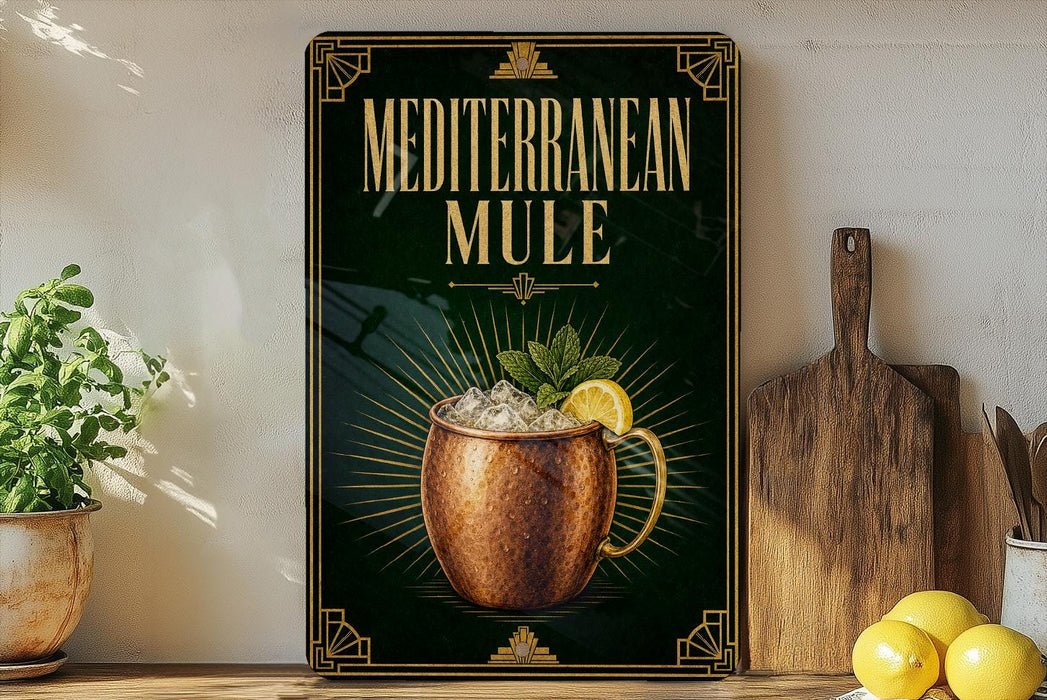 a poster or sign with the text "MEDITERRANEAN MULE" and an illustration of a copper mug with a lemon slice and mint leaves. The poster is displayed on a wall, and there are some kitchen items, such as a wooden cutting board and a potted plant, in the foreground.