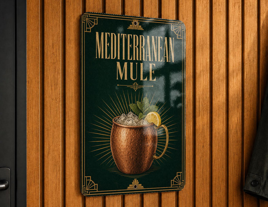 A metallic sign with the text "MEDITERRANEAN MULE" and an illustration of a copper mug containing a drink, possibly a cocktail or mixed drink.