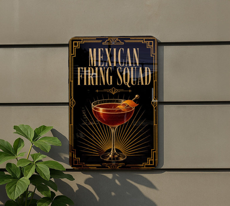 A sign for a Mexican Firing Squad cocktail, featuring a glass of red liquid with a garnish, is displayed on a wall next to a plant.