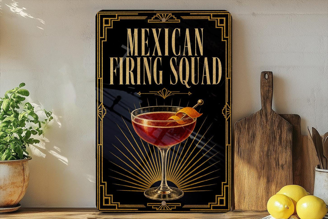 A decorative sign for a "Mexican Firing Squad" cocktail, featuring a glass of red liquid with a lemon twist, is displayed on a wooden surface next to a wooden cutting board and a potted plant.