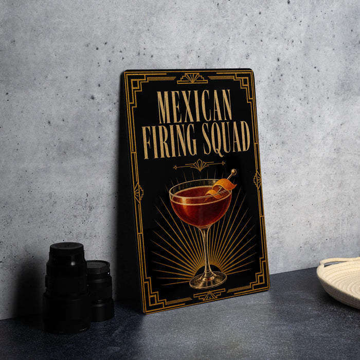 A framed poster with the title "Mexican Firing Squad" and an illustration of a cocktail on a black background with gold accents.
