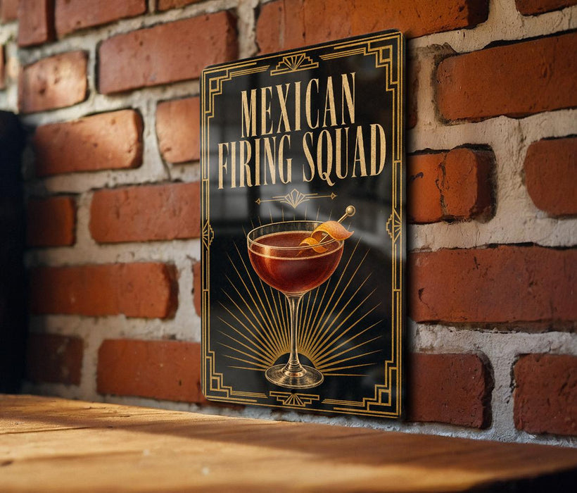 A sign for a Mexican Frying Squad cocktail is displayed on a brick wall.