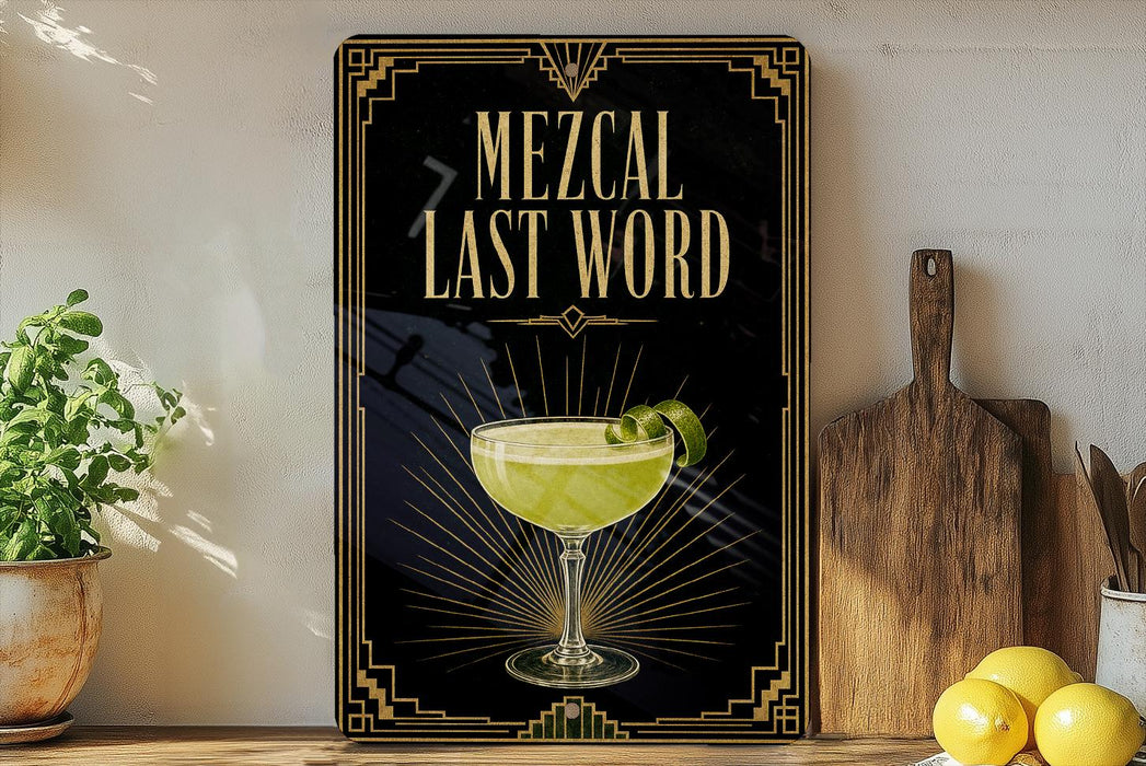 a framed poster with a decorative design, including a glass of a yellow drink and a green garnish, placed on a wooden surface next to a wooden cutting board and a potted plant.