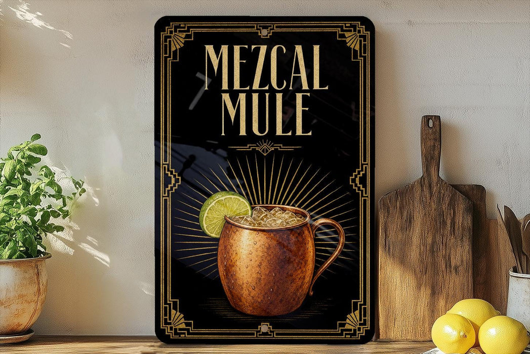 A framed advertisement for a mezcal mule, featuring an illustration of a copper mug with a lime slice, placed on a wooden shelf next to a wooden cutting board and a potted plant.